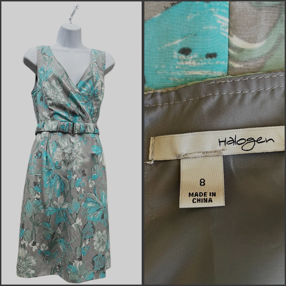 NWT Halogen SZ 8 Silk Blend Floral Sleeveless Sheath Dress w/Belt Gray V-Neck - Image 1 of 4