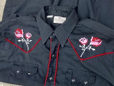 Vintage Dee Cee Western Shirt Black Red Rose Embroidered Snap USA Rockabilly 17 - Image 1 of 4