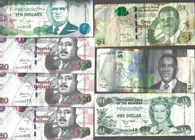 Bahamas✨ 3x$1 / 1x$10 / 3x$20 ... Total: 7 notes / $73.00 🎇 Lot #4040 - Image 1 of 4
