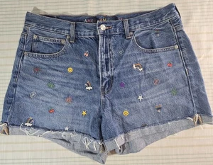 AEO American Eagle 90er Boyfriend Short blau Denim bestickt Größe 12 - Bild 1 von 7