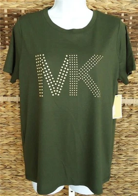 CAMISETA TOP MICHAEL KORS VERDE HIEDRA MANGA CORTA TONO DORADO TACHONADO LOGO L NUEVA CON ETIQUETAS $78 Foto 1 de 4