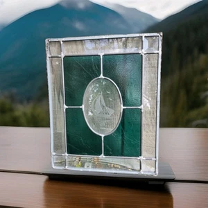 MCM Stained Leaded Bevel Art Glass Panel Window 14x11.5” Suncatcher Etched Boat - Picture 1 of 14