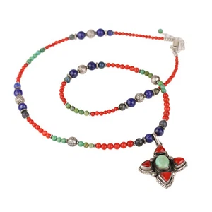 Vintage Artisan Made Sterling Silver Coral Turquoise Lapis Cross Necklace - Picture 1 of 7