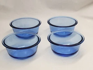 Vintage Anchor Hocking SET OF 4 Glass Dish Bowl Cup OVAL 10 oz USA 1019 Blue - Picture 1 of 23