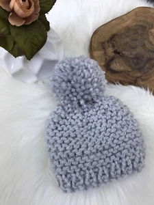 NEU handgestrickt Baby Junge Mädchen Beanie Mütze Mütze Neugeborenes grau - Bild 1 von 1