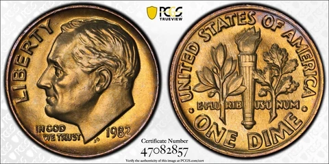 MS65 1982 "No P" Strong FS-501 Roosevelt Dime, PCGS Trueview- Golden Toned Cover
