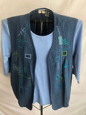 Napa Valley LARGE 3/4 Sleeve Blue Knit Top w Attached Embroidered Vest