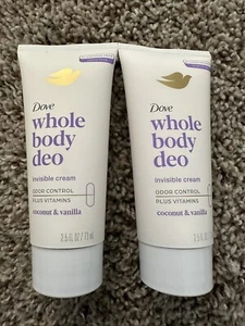2 Dove Whole Body Deo Cream Coconut & Vanilla 2.5 OZ With Vitamin B3 & E - Picture 1 of 5