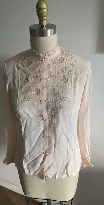 Vintage Peony 100% Silk Blouse Shanghai China Lace Pale Pink Size 34 Snaps LS - Image 1 of 4
