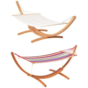 Wooden Curved Arc Hammock Stand with Cotton Hammock Outdoor Patio Swing 2 Color - Picture 1 of 23