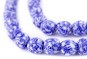 Blau & Weiß Geschmolzene Recycelte Glasperlen 11 mm Ghana Afrikanisch Rund Großloch - Bild 1 von 3