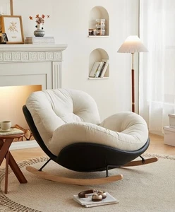 Schaukelstuhl modern Baumwolle Weiß Holzbeine Relaxsessel Wohnzimmer Neu - Bild 1 von 3