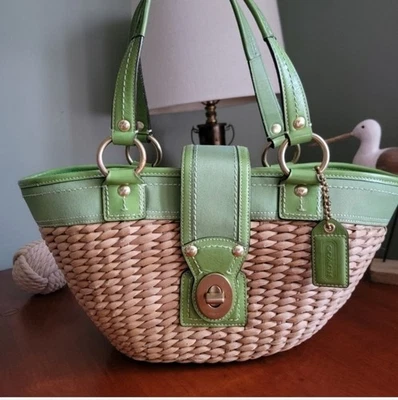 Coach Woven Shoulder Bag with Green Leather - Image 1 of 4