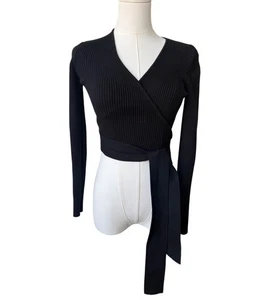 Zara Cropped Wrap Sweater Size M Tie V Neck Coquette Ribbed Long Sleeve Fitted - Picture 1 of 6