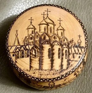 Wooden Trinket Box Birch Bark Orthodox Church Hand carved and Signed 3” - Picture 1 of 9