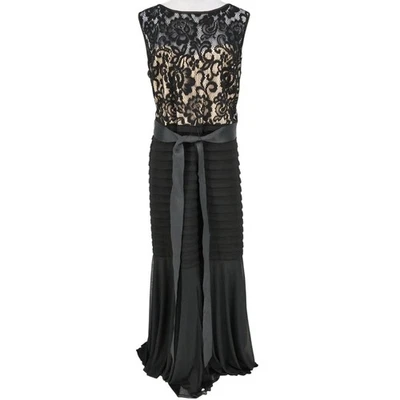 Betsy and Adam Dress Plus Size 22W Black Lace Floral Layered Bottom Satin Belt - Image 1 of 4