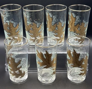 Bicchieri vintage Libbey 12 oz/design foglia di quercia oro acqua/set di 6 +1/cerchi oro - Foto 1 di 6