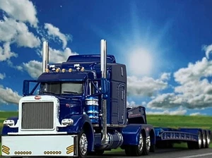 1/64 DCP BLUE PETERBILT 379 W/ 63" MID ROOF SLEEPER & TALBERT LOWBOY - Picture 1 of 8