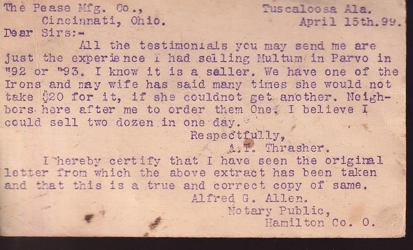 USA 1890 testimonial Postal Card, Pease Mfg Co-Hamilton County-Cincinnati - Image 1 of 1