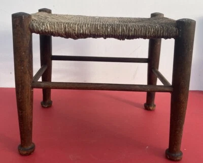 Vintage Small Foot Stool Wooden Frame Woven Rush Seat - Image 1 of 3