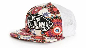 Vans Women's Trucker Hat Beach Girl Embroidered Logo Red Geo Shapes White Mesh - Picture 1 of 4