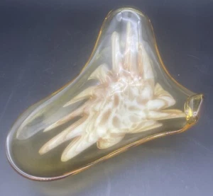 VTG Murano Amber W/ Gold & White Feather Glass Bowl W/ Folded Edge 12” - Picture 1 of 7