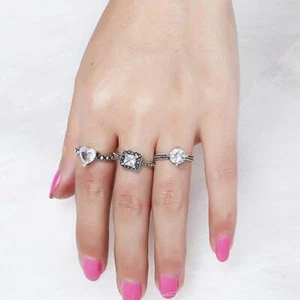 Set of 3 Vintage Style Rings Boho Gypsy silver square heart  retro stacking - Imagen 1 de 6