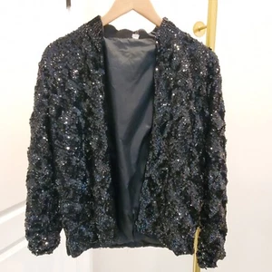 Vintage 70s Black Full Sequin Open Front Cocktail Evening Jacket Tailored M 38 - Picture 1 of 14