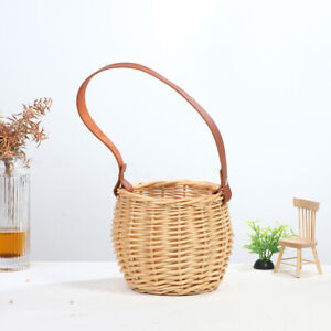 Woven Storage Basket Plant Wicker Hanging Baskets Potted With Leather Han_WR
