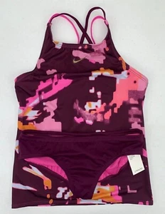 Nike Girls Glitch Spiderback Tankini Set Bordeaux Multicolor Size Large - Picture 1 of 3