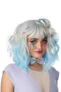 Brand New Pastel Textured Long Bob Circus Clown Adult Wig (Gray/Blue) - Picture 1 of 2