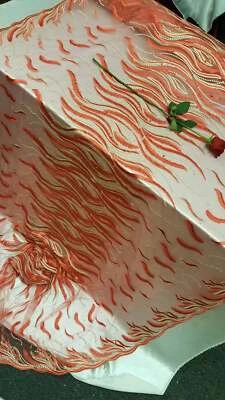 Red Gold Embroidered Lace Feathers Rinesthone Red Mesh Prom Fabric Sold by Yard - Image 1 of 4