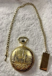 Amitron Men’s Pocket Watch With Chain Men Fishing In Boat Gold Tone Leaf Ornate - Picture 1 of 8