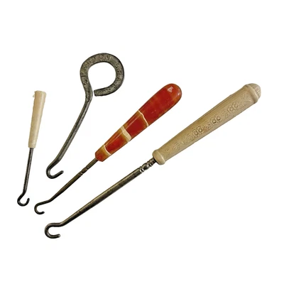 GROUP OF ANTIQUE BUTTON HOOKS PLASTIC FRENCH IVORY METAL SPARTON SPATS ADVERT - Image 1 of 4