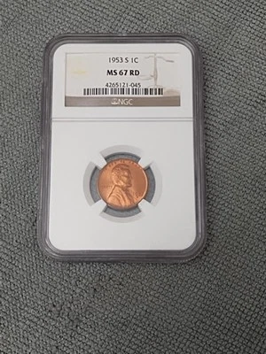 USA 1C~ One Cent  Lincoln Penny 1953-S~ *MS 67 RD~ NGC - Image 1 of 4