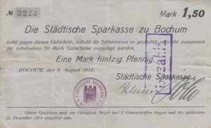 Westfalia, Bochum, caja de ahorros urbana, 1,50 marcos 1914, sótano 38 - Imagen 1 de 1