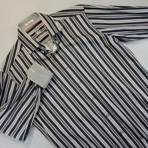 Bugatchi Mens Button Shirt Shaped Fit Black White Stripes Flip Cuff Medium - Picture 1 of 6