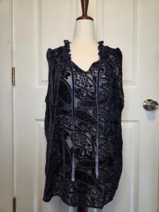 Violet & Claire XL Velvet Sleeveless Top Navy Paisley Sheer Boho Preppy Money - Picture 1 of 8