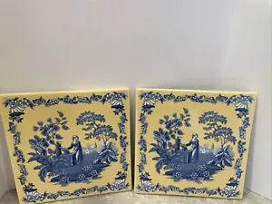 Spode Square Tiles 2 Trivets Wall Hanging Yellow Blue Room Garden Pattern 6” - Picture 1 of 2