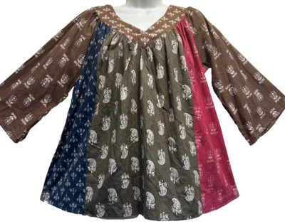 Nwt SACRED THREADS 贴片时髦波西米亚棉嬉皮荷叶边长衫上衣 1X 免费发货 — 第 1/4 张图片