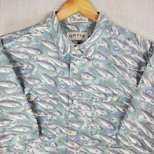 ORVIS Size Large Mens Fish Print Lightweight Cotton Button Front Guide Shirt - Picture 1 of 15