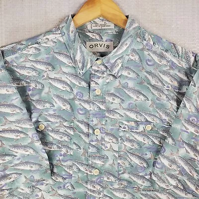 ORVIS Size Large Mens Fish Print Lightweight Cotton Button Front Guide Shirt - Image 1 of 4