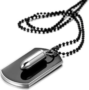 Collana in Acciaio Inox con Piastrina e Pendente Proiettile Dogtag Militare - Foto 1 di 5