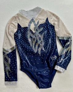OZONE Gymnastics LEOTARD Competition BLUE Rhinestone Bling HIGH Neck GK Size: CL - Picture 1 of 9