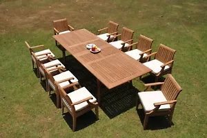 11pc Grade-A Teak Dining Set 118" Rectangle Table 10 Lagos Arm Chair Outdoor - Picture 1 of 4