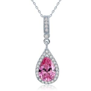 3.00 Carat Pear Cut Pink Diamond Fancy Bridal Pendant Necklace 14K White Gold GP