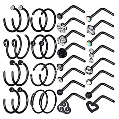 32PCS Nose Hoop Ring L-Shaped Nose Studs Surgical Steel Pin Lip Ear Piercing 20G - Image 1 of 4
