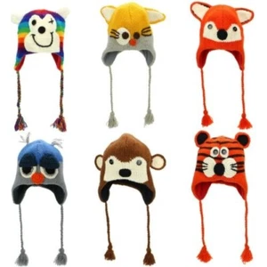 Wool Animal Hat Fleece Lined Unisex Knitted Warm Winter Monkey Tiger Fox - Picture 1 of 24