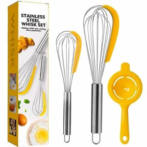 3Pcs Stainless Steel Hand Mixer Egg Beater Kitchen Whisk Blender & Egg Separator - Picture 1 of 8