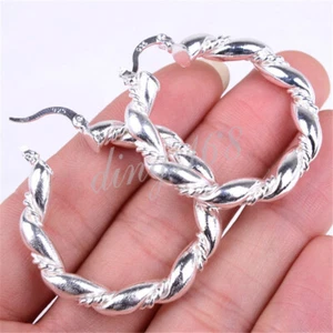 925 Sterling Silver Tarnish-Free 36mm/1.5" 5mm Thick Twisted Rope Hoop Earrings - Picture 1 of 2